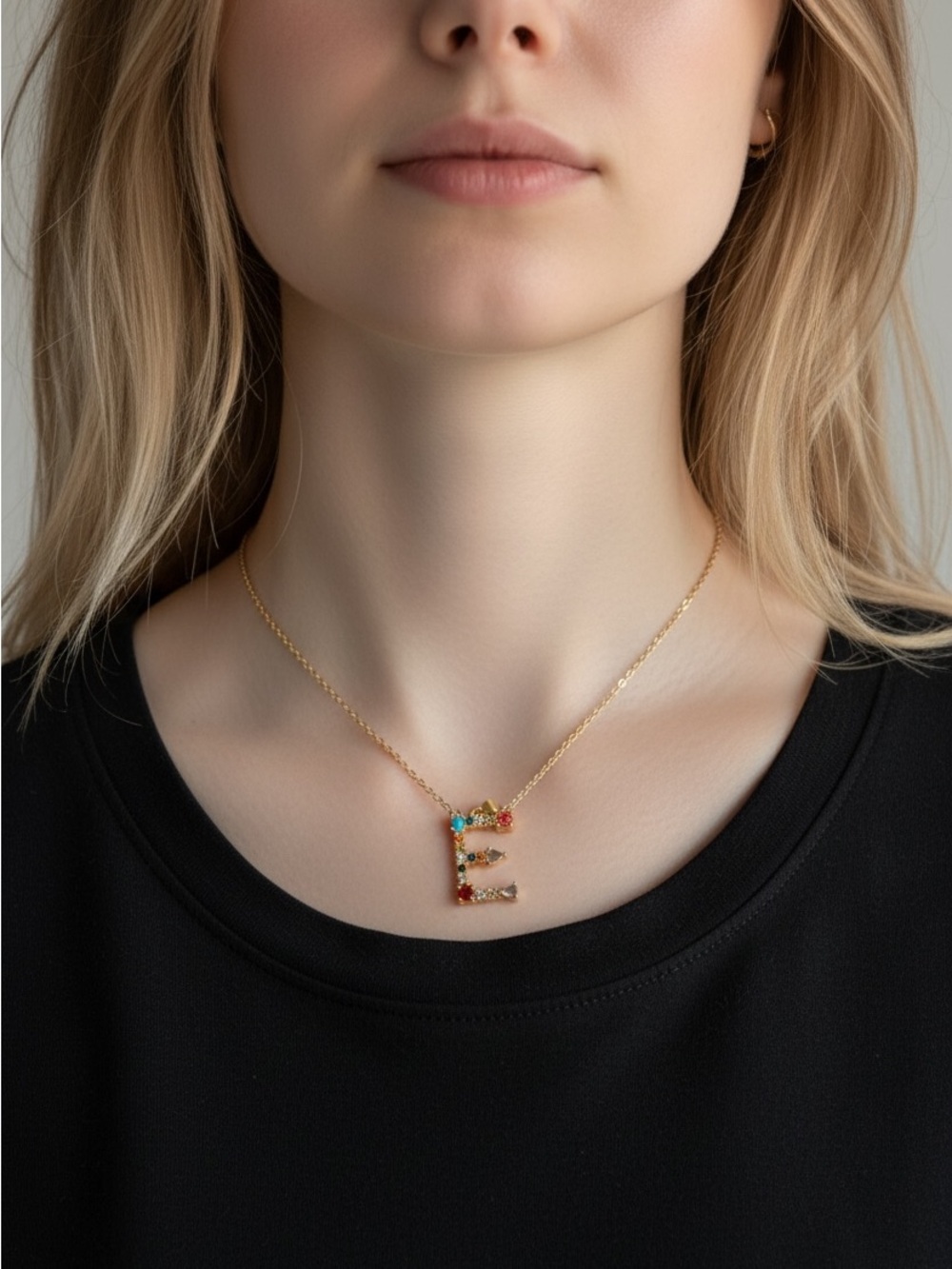 9/16 Gold Initial 'E' Necklace with Multicolor Gemstones